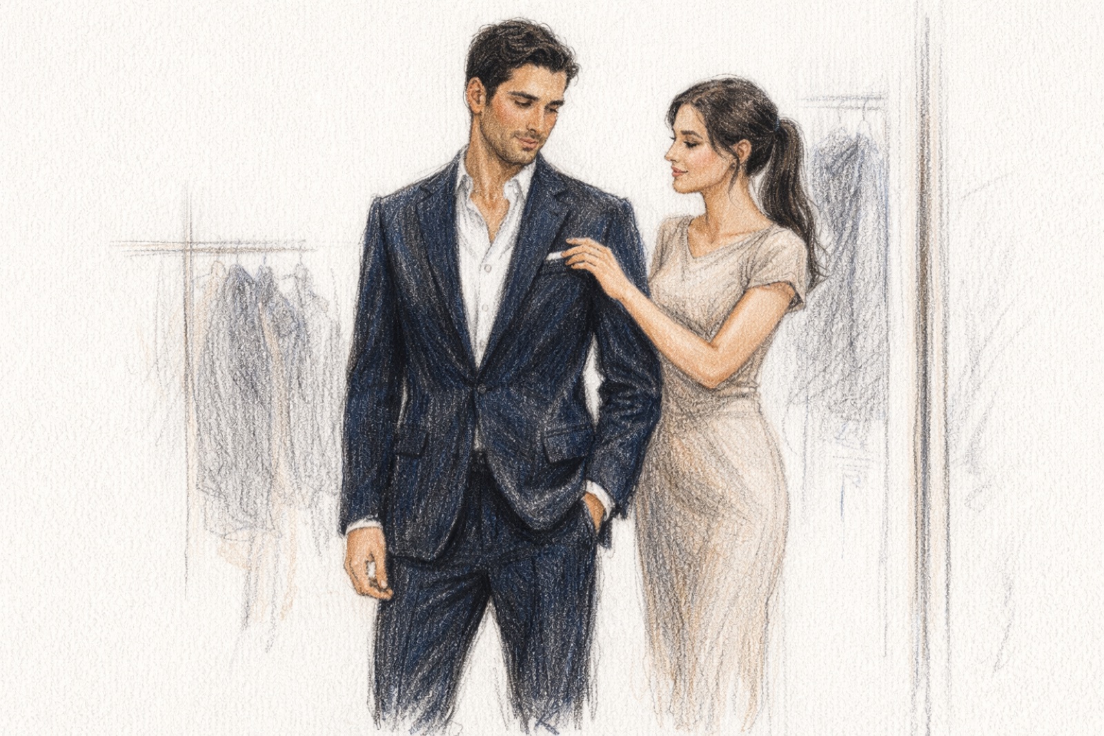 陪他挑西裝 · 彩色鉛筆插畫